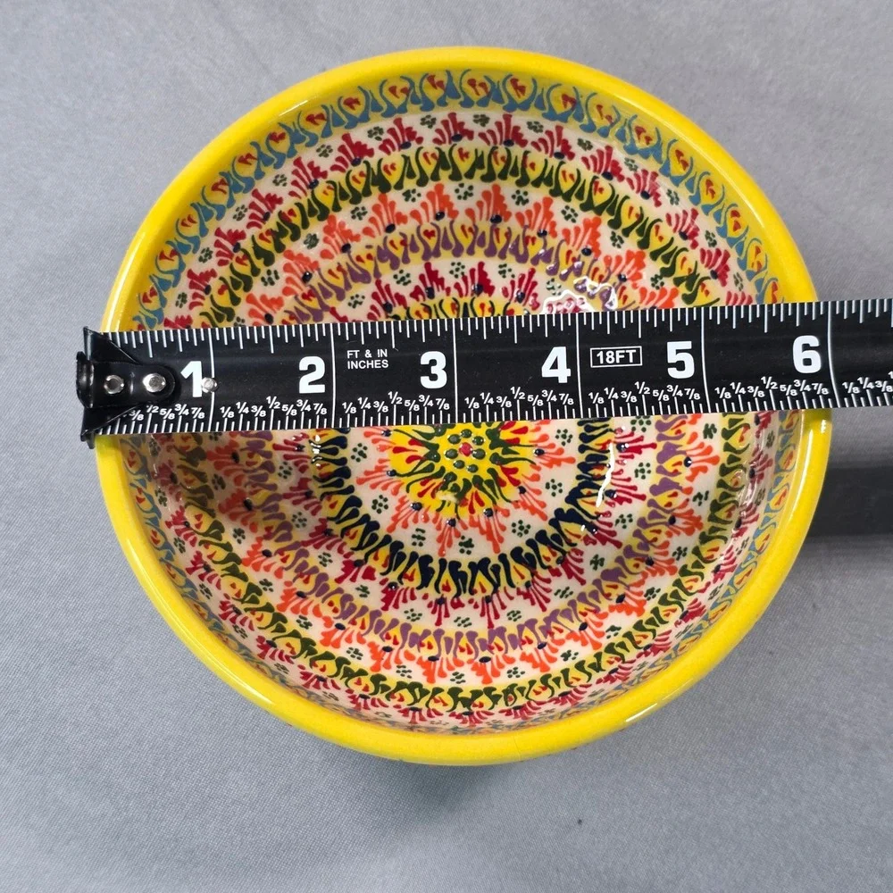 Handcrafted Hand Painted Yellow Ceramic Bowl Floral Mandala Signed 6 Inch